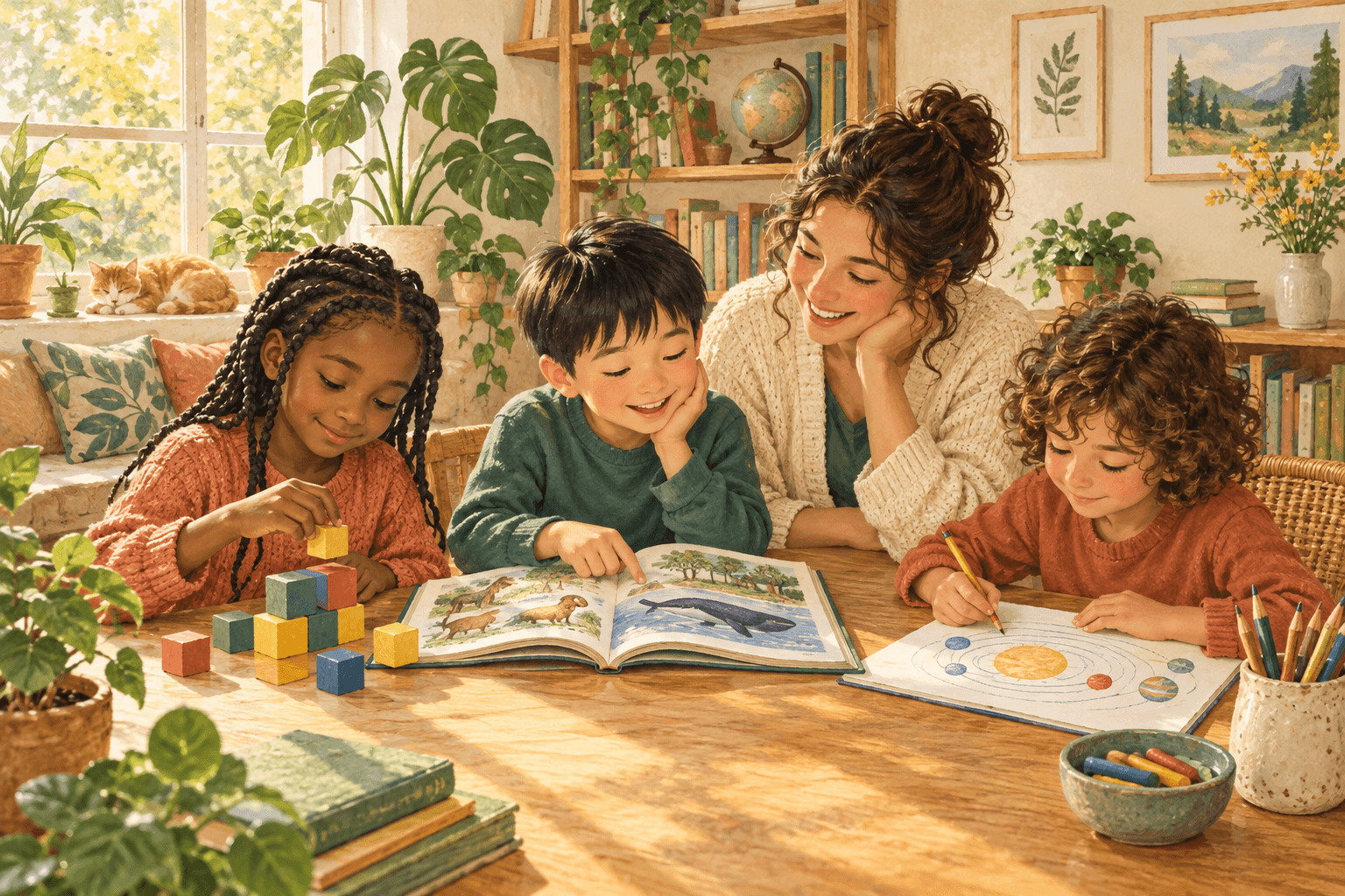 Illustration of three children learning with an adult, using blocks, an open book, and a solar-system drawing.